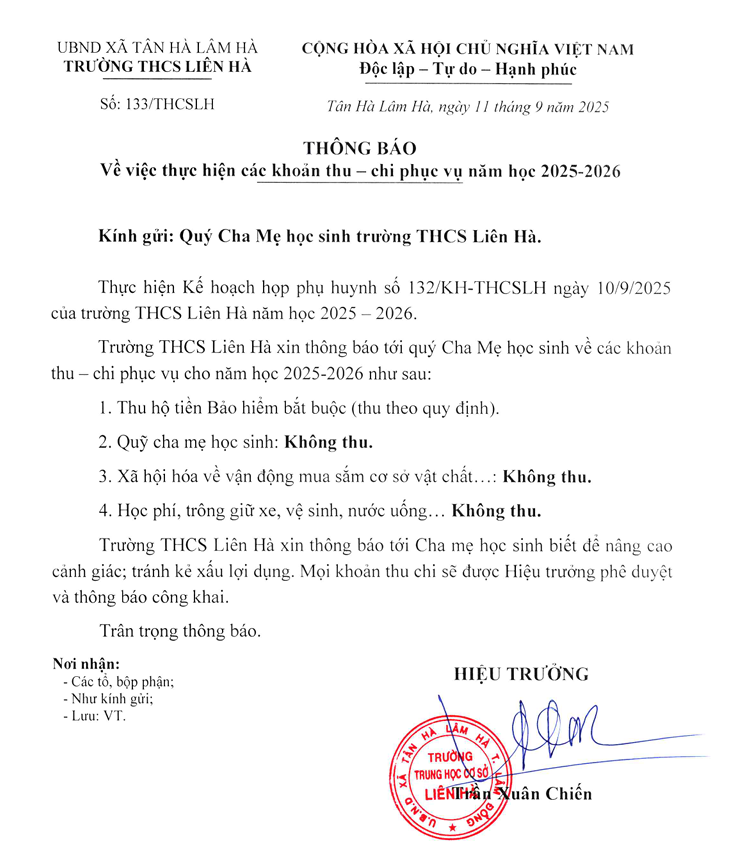 Thông báo về việc thực hiện các khoản thu năm học 2025-2026